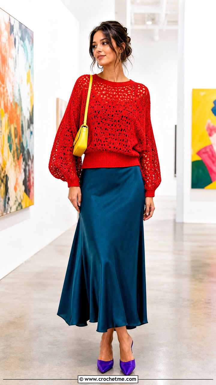 Dolman Sleeve Crochet Sweater With Bias Cut Skirt - 35 crochet sweater design outfit ideas