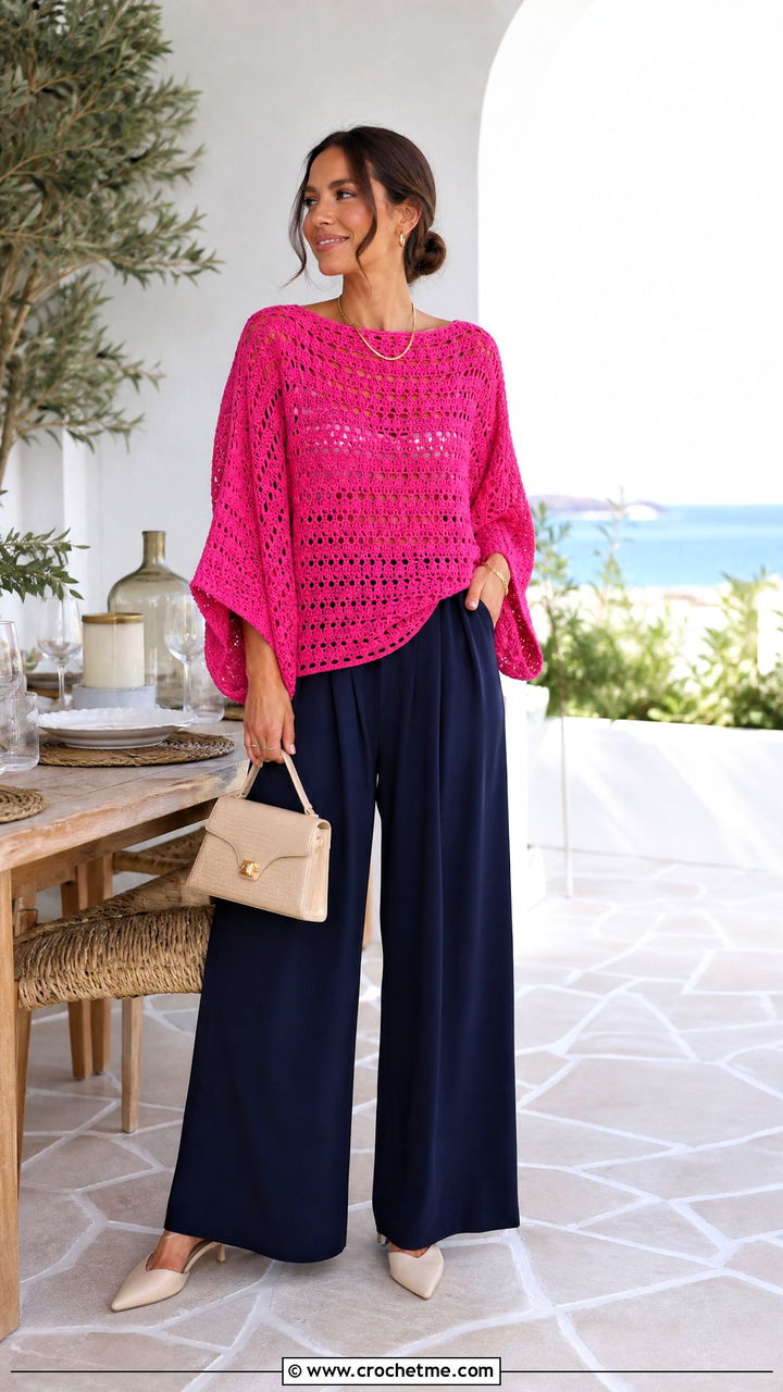 Dolman Sleeve Crochet Sweater With Palazzo Pants - 35 crochet sweater ideas