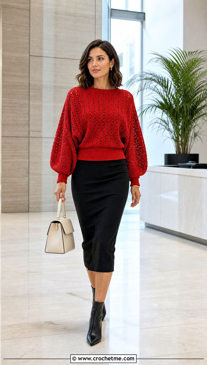 Dolman Sleeve Crochet Sweater With Pencil Skirt - 25 vintage crochet sweater outfit ideas