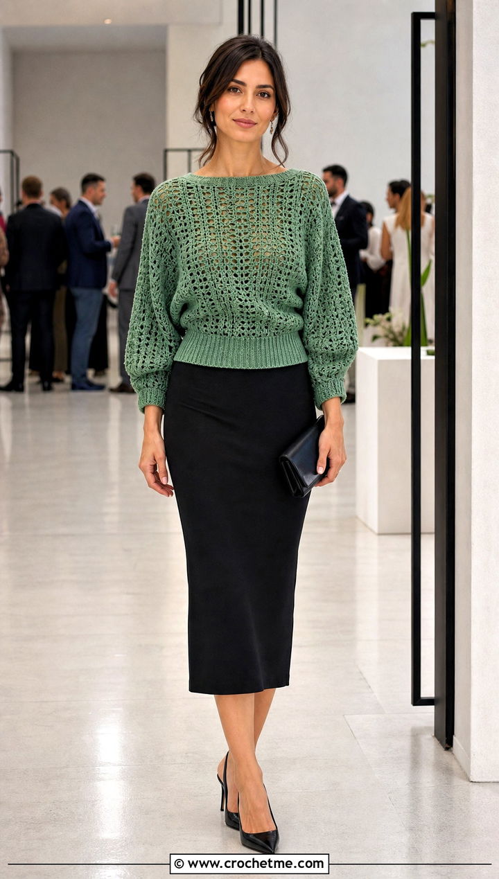 Dolman Sleeve Crochet Sweater With Pencil Skirt - 35 crocheted sweaters outfit ideas