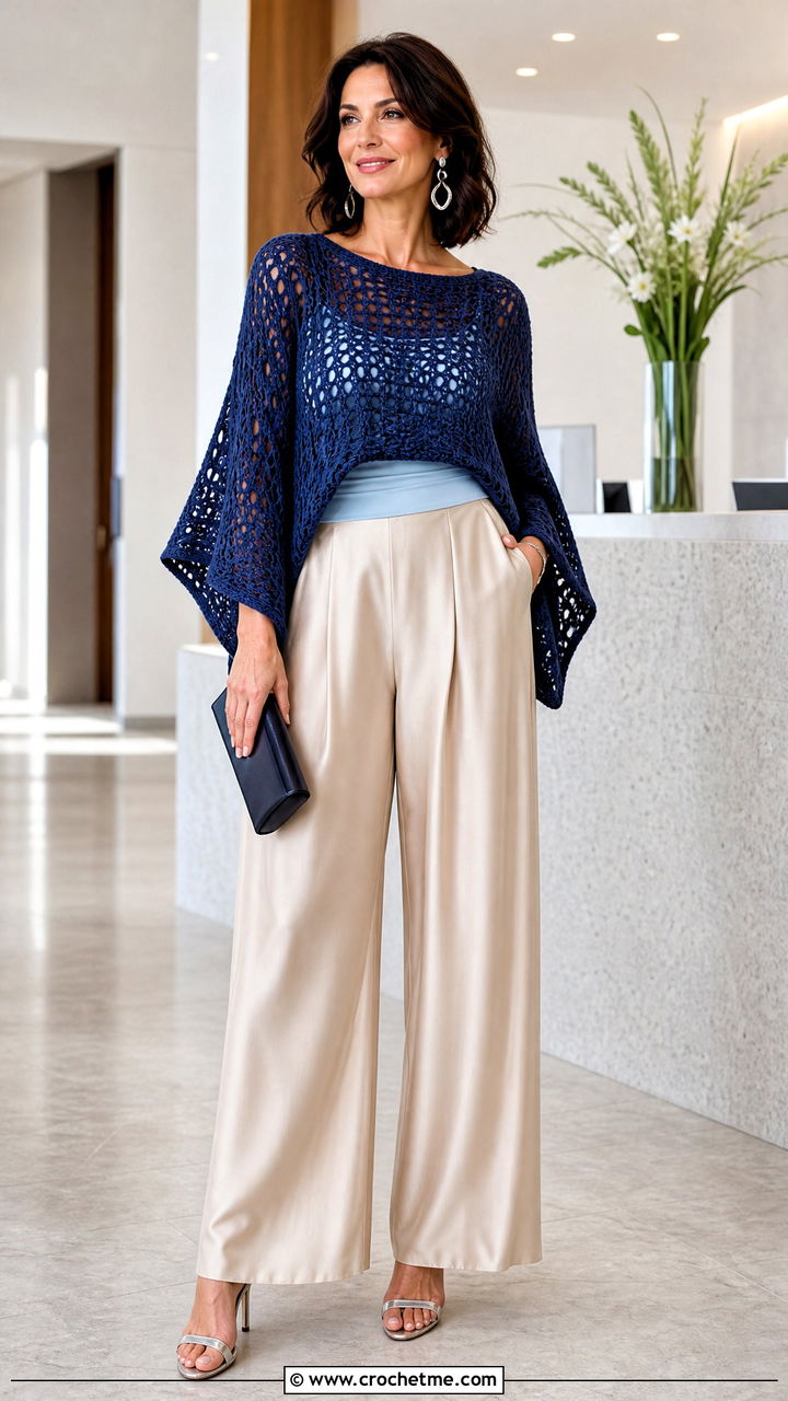 Dolman Sleeve Crochet Sweater With Silk Pants - 35 crochet loose sweater outfit ideas