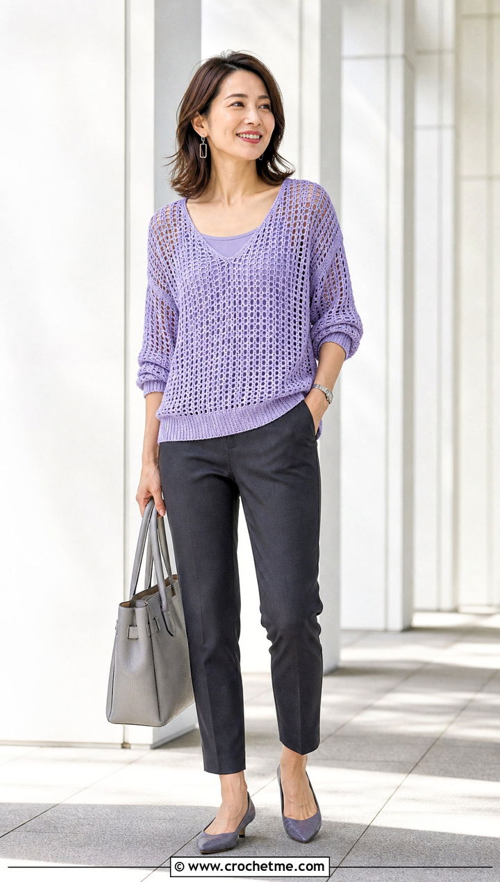 Dolman Sleeve Crochet Sweater With Slim Ankle Pants - 35 summer crochet sweater outfit ideas
