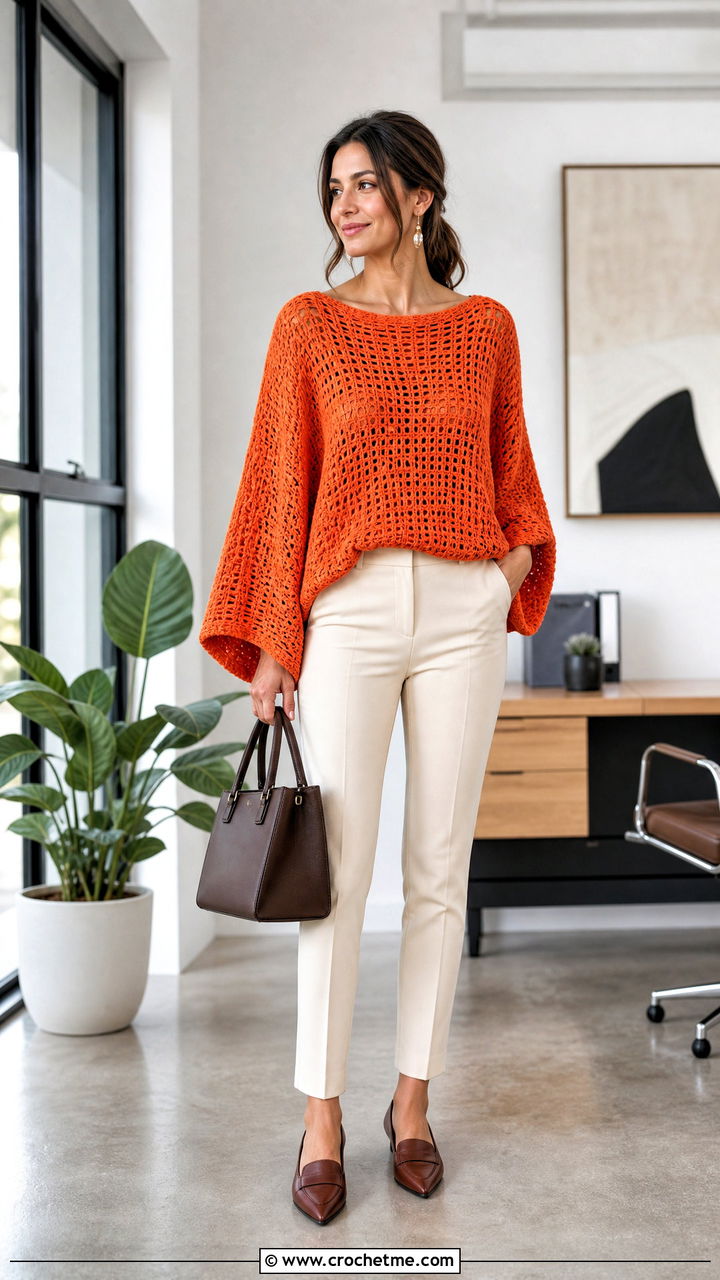 Dolman Sleeve Crochet Sweater With Slim Trousers - 35 cute crochet sweaters outfit ideas