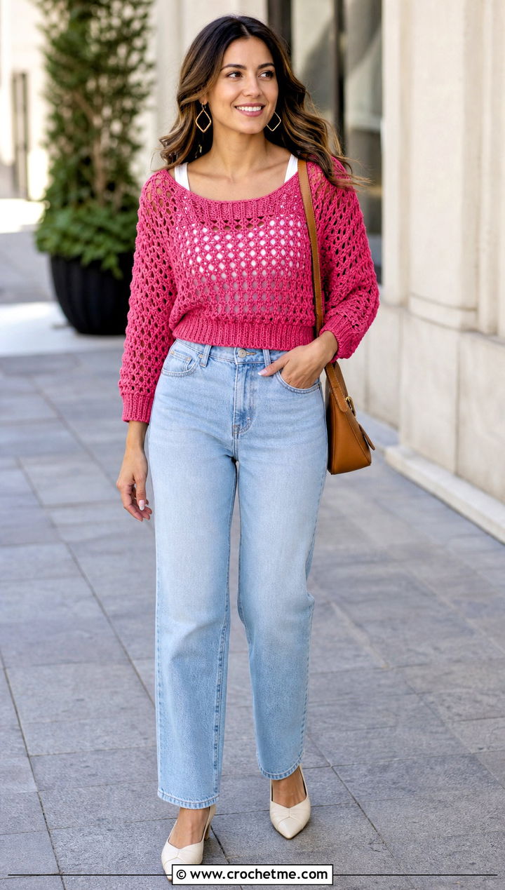 Dolman Sleeve Crochet Sweater With Straight Jeans - 25 summer crochet sweaters outfit ideas