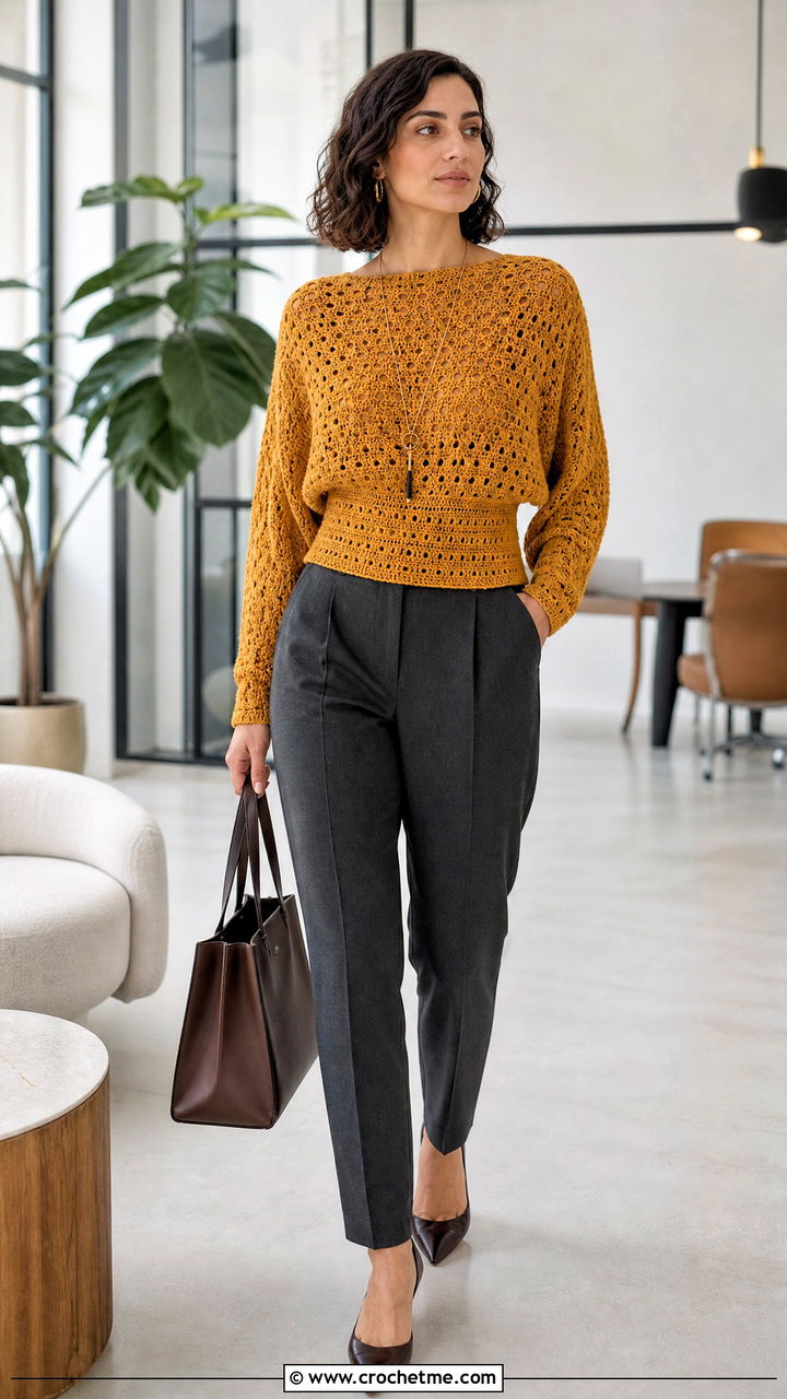 Dolman Sleeve Crochet Sweater With Tapered Trousers - 35 crochet sweater design for women outfit ideas