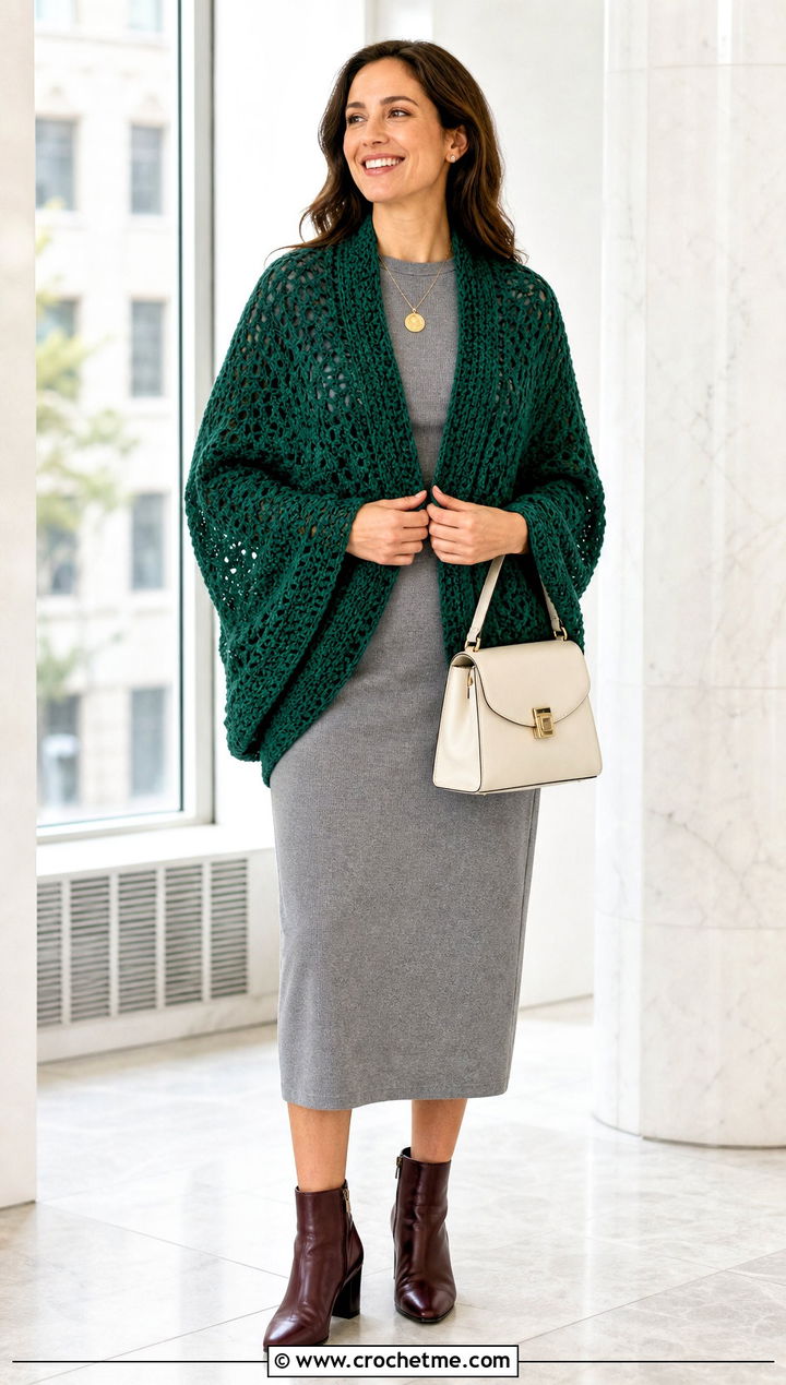 Dolman Sleeve Crochet Sweater Wrap With Midi Dress - 30 crochet sweater wrap outfit ideas