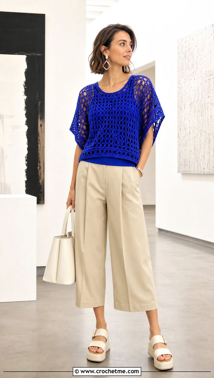 Dolman Sleeve Crochet Tee With Culottes - 35 crochet tee shirt outfit ideas
