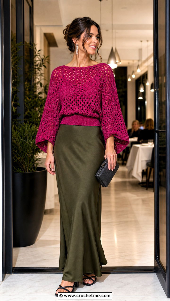 Dolman Sleeve Crochet Top With Bias Cut Maxi Skirt - 35 crochet long sleeve tops outfit ideas