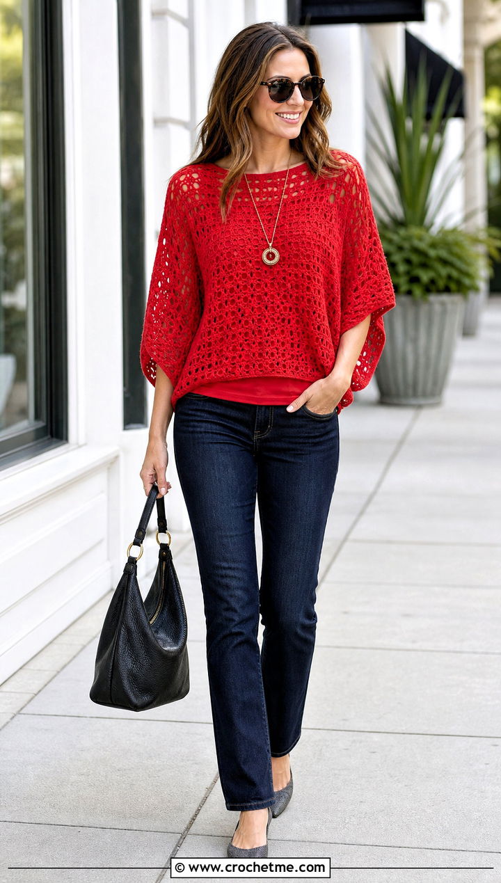 Dolman Sleeve Crochet Top With Slim Jeans - 35 lacy crochet top outfit ideas