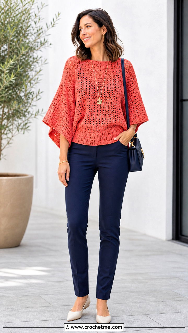 Dolman Sleeve Crochet Top With Slim Pants - 35 crochet sleeve top outfit ideas