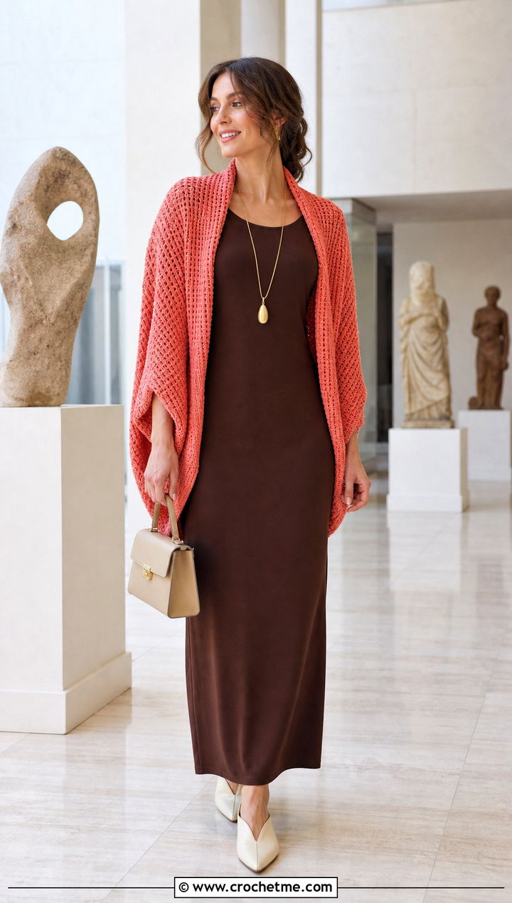 Dolman Sleeve Crochet Waffle Stitch Cardigan With Column Dress - 25 crochet waffle stitch cardigan outfit ideas