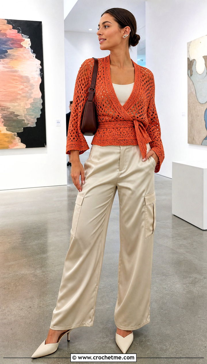 Dolman Sleeve Crochet Wrap Shirt With Satin Cargo Pants - 30 crochet wrap shirt outfit ideas