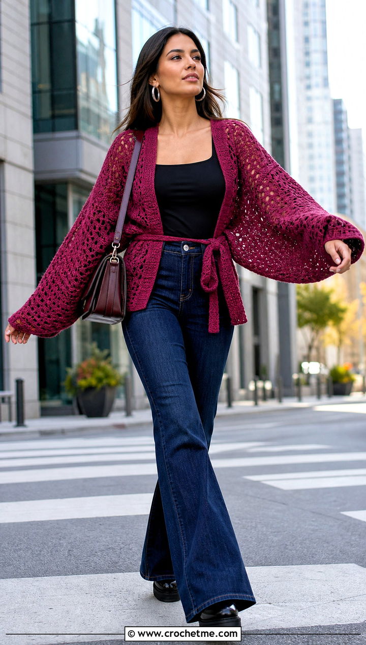 Dolman Sleeve Crochet Wrap With Flared Jeans - 35 crochet wrap with sleeves outfit ideas