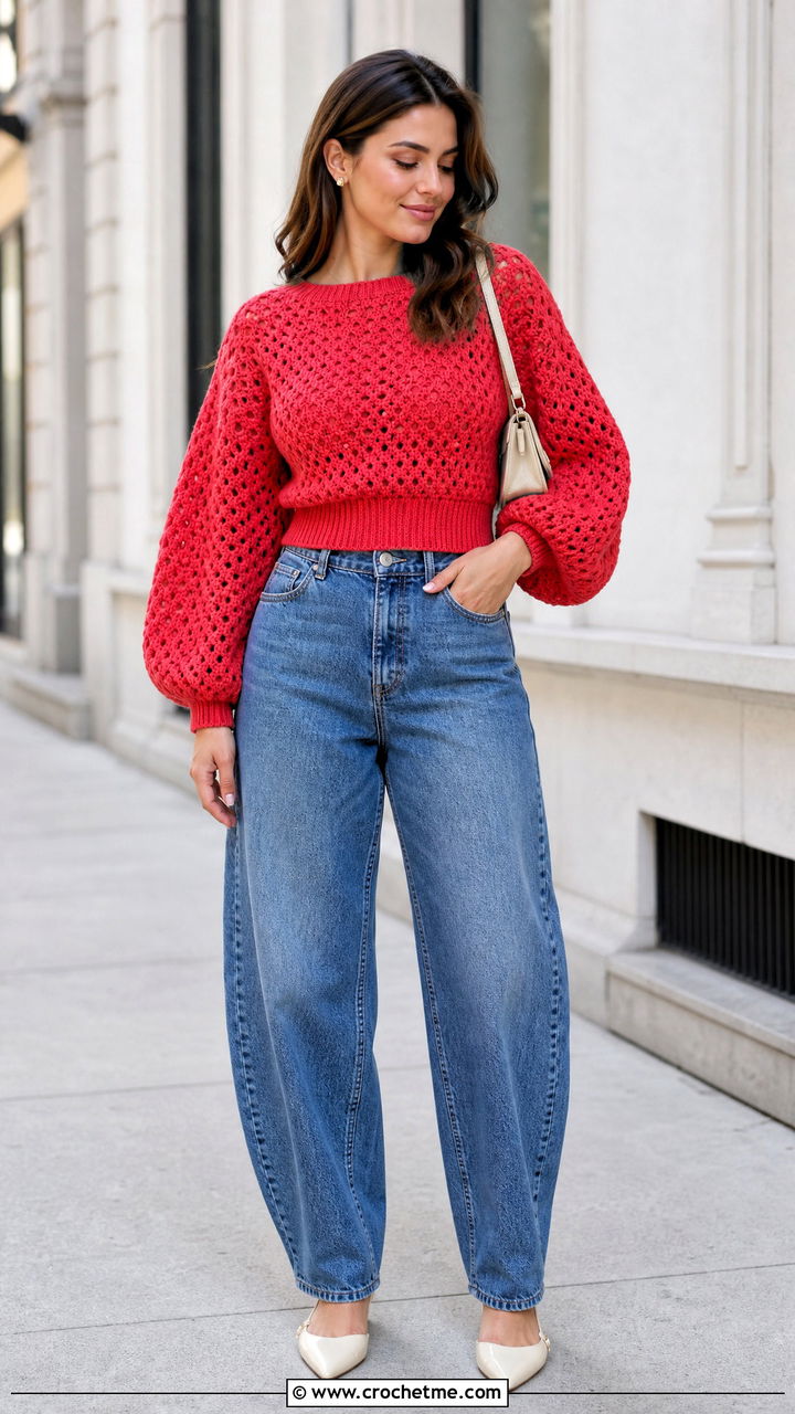 Dolman Sleeve Granny Stitch Sweater With Barrel Jeans - 35 crochet granny stitch sweater outfit ideas