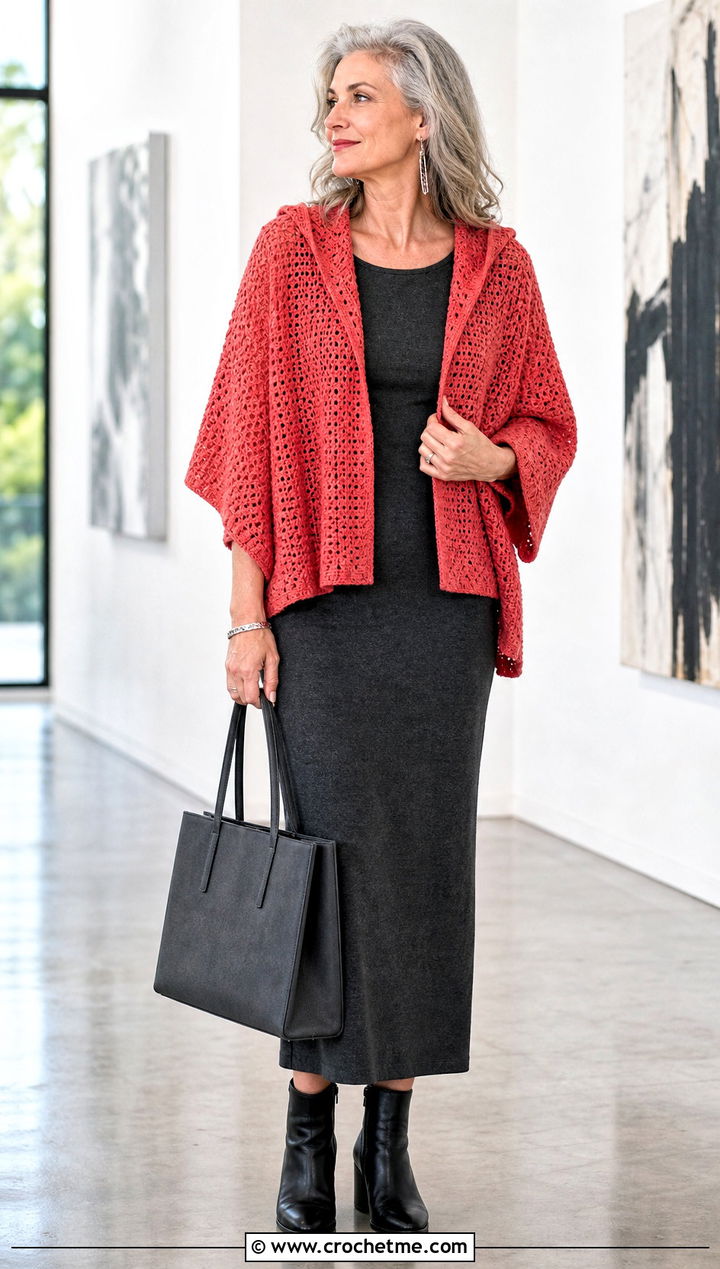 Dolman Sleeve Hooded Crochet Shrug With Column Dress - 25 hooded crochet shrug outfit ideas