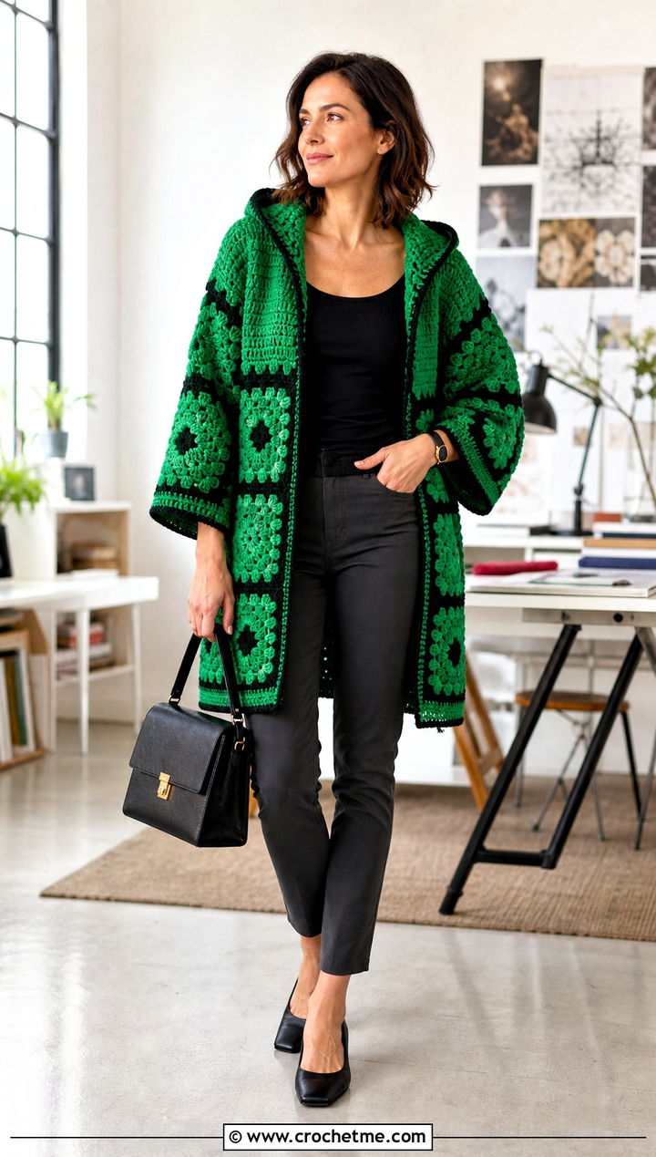 Dolman Sleeve Hooded Granny Square Cardigan With Slim Pants - 30 granny square cardigan with hood outfit ideas