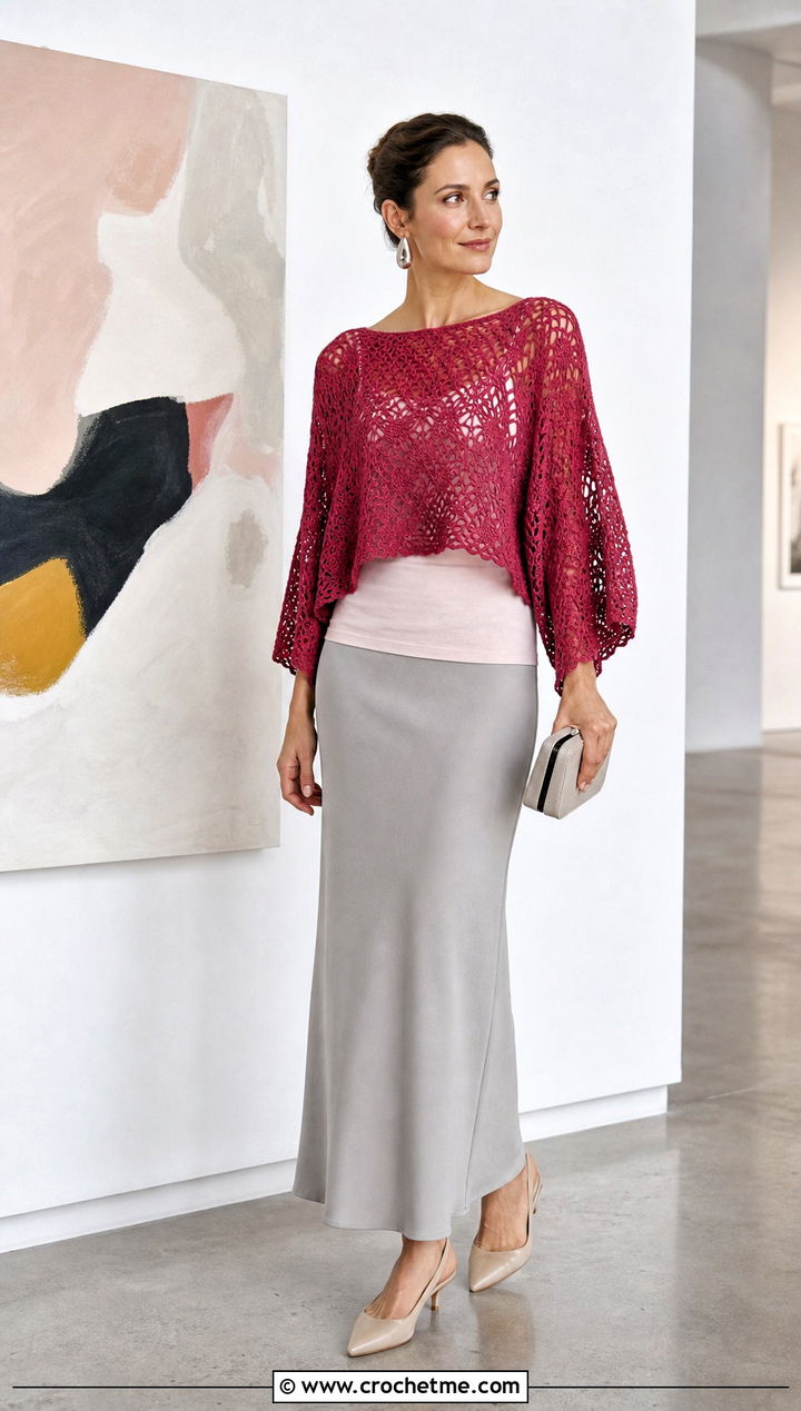 Dolman Sleeve Lacy Crochet Sweater With Column Skirt - 25 Lacy Crochet Sweater outfit ideas