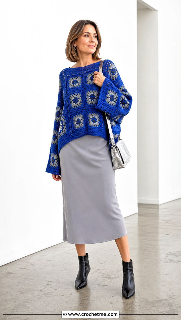 Dolman Sleeve Large Granny Square Sweater With Column Dress - 35 large granny square sweater outfit ideas