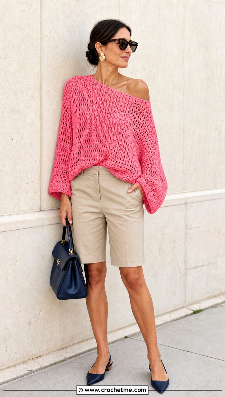 Dolman Sleeve Off Shoulder Crochet Sweater With Bermuda Shorts - 35 off shoulder crochet sweater outfit ideas