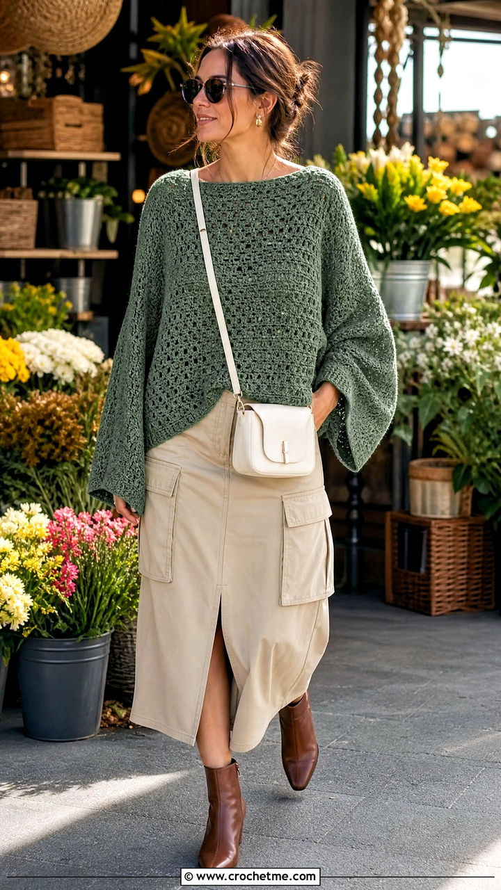 Dolman Sleeve Oversized Crochet Sweater With Utility Midi Skirt - 35 oversized crochet sweater outfit ideas