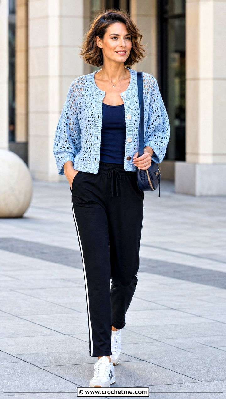Dolman Sleeve Round Crochet Cardigan With Track Pants - 35 round crochet cardigan outfit ideas