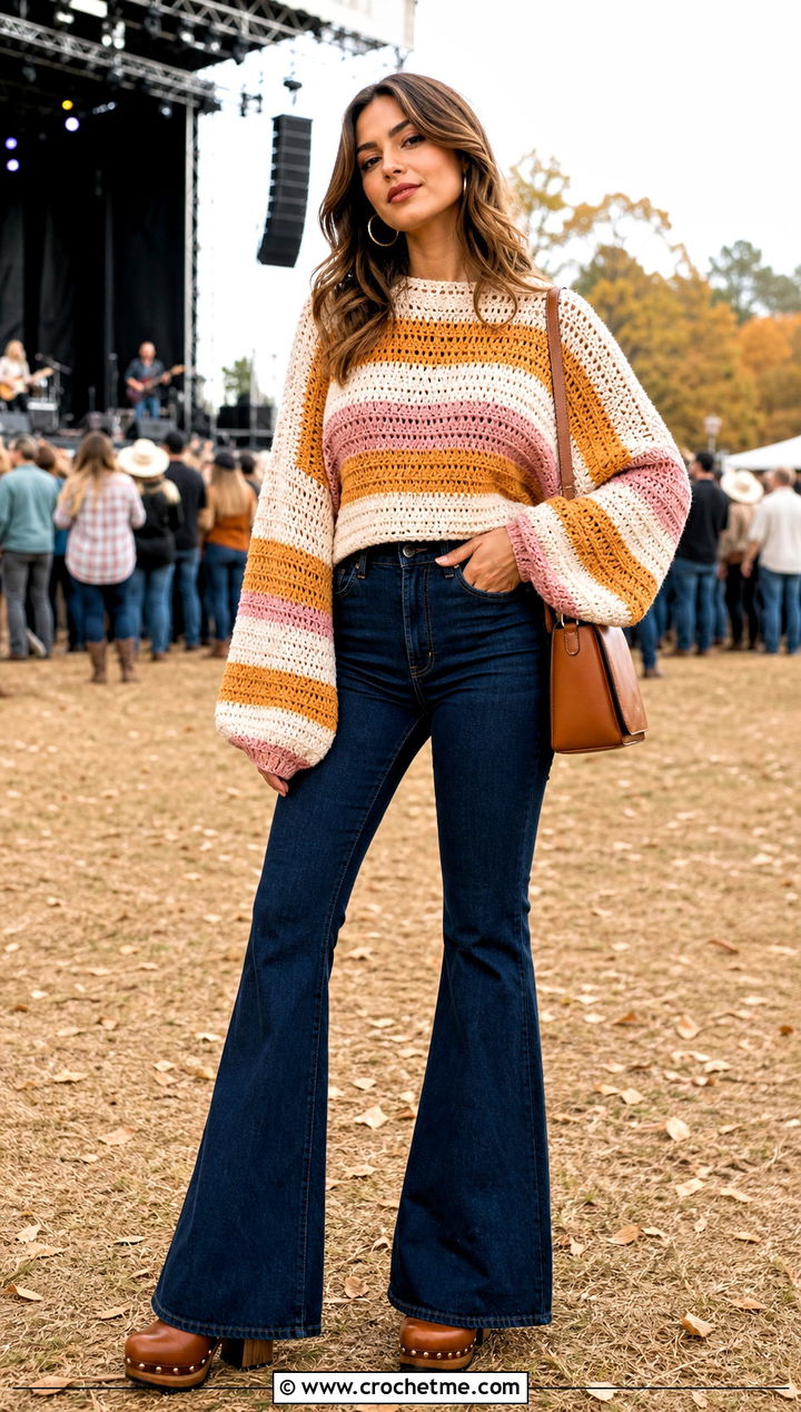 Dolman Sleeve Striped Crochet Sweater With Flared Jeans - 30 striped crochet sweater outfit ideas
