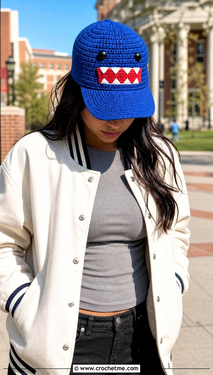 Domo Kun Crochet Baseball Cap With Varsity Jacket - 25 Domo Kun Crochet Hat outfit ideas