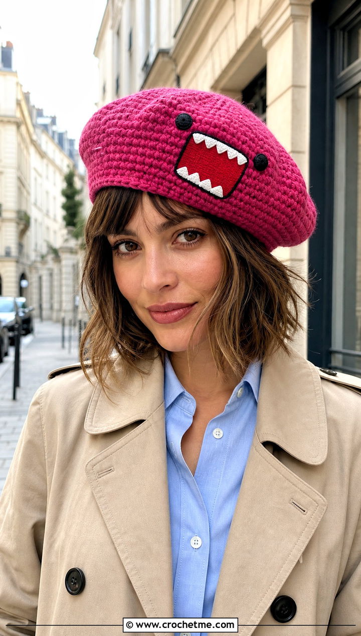 Domo Kun Crochet Beret Hat With Trench Coat - 25 Domo Kun Crochet Hat outfit ideas