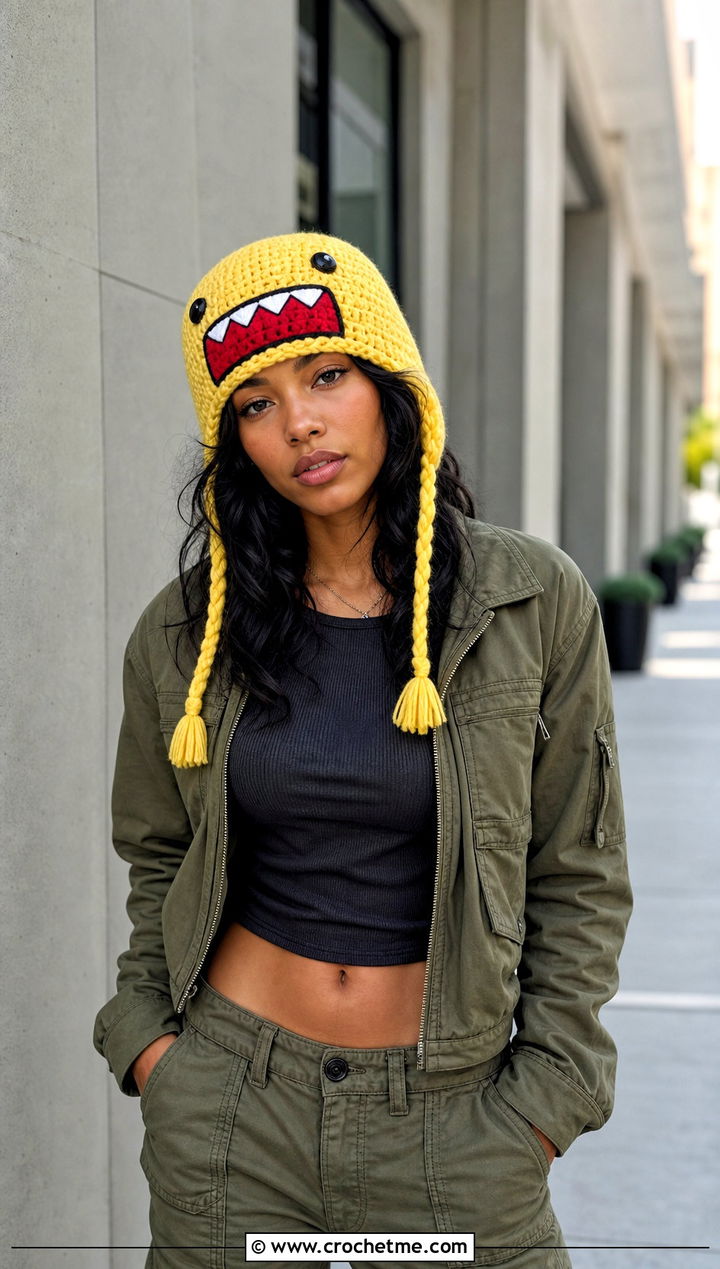 Domo Kun Crochet Earflap Hat With Cargo Pants - 25 Domo Kun Crochet Hat outfit ideas