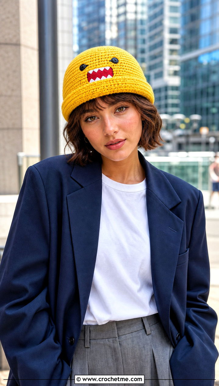 Domo Kun Crochet Fisherman Beanie With Blazer And Trousers - 25 Domo Kun Crochet Hat outfit ideas