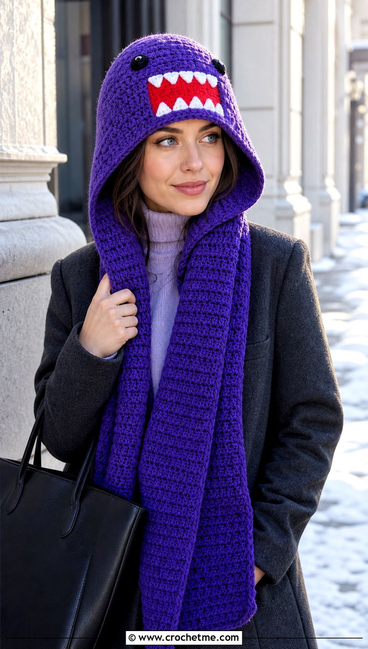 Domo Kun Crochet Hooded Scarf Hat With Wool Coat - 25 Domo Kun Crochet Hat outfit ideas