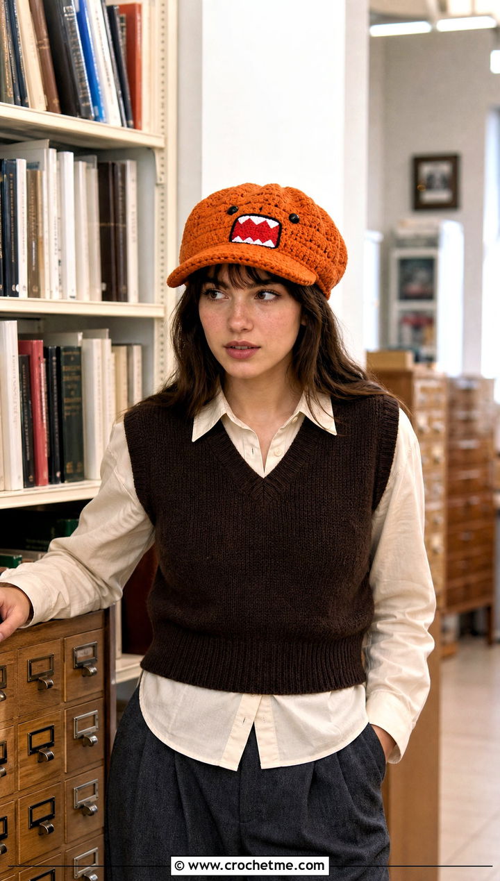 Domo Kun Crochet Newsboy Hat With Sweater Vest - 25 Domo Kun Crochet Hat outfit ideas