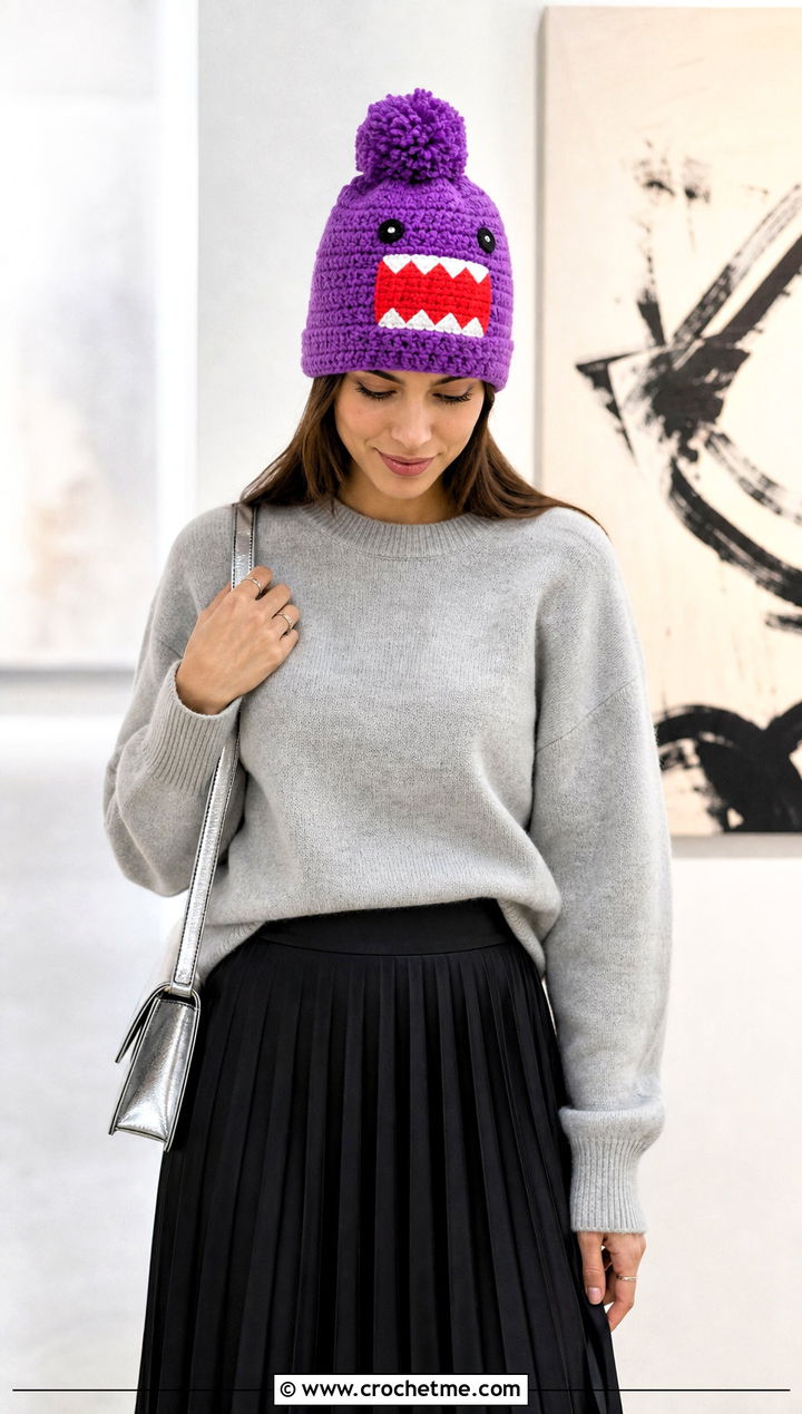 Domo Kun Crochet Pom Pom Hat With Pleated Skirt - 25 Domo Kun Crochet Hat outfit ideas