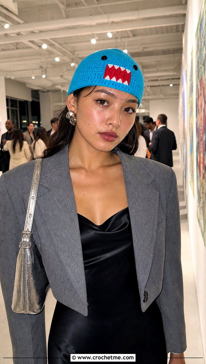 Domo Kun Crochet Skull Cap With Satin Slip Dress - 25 Domo Kun Crochet Hat outfit ideas