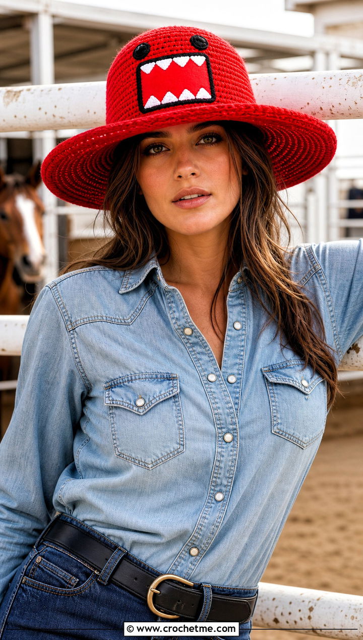Domo Kun Crochet Wide Brim Hat With Western Denim - 25 Domo Kun Crochet Hat outfit ideas