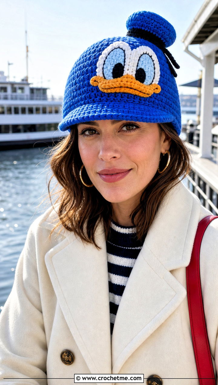 Donald Duck Sailor Beanie With Wide Leg Jeans - 25 Crochet Disney Beanie outfit ideas
