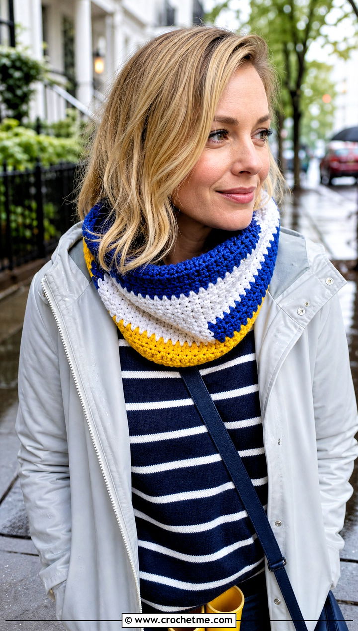 Donald Duck Striped Crochet Cowl With Raincoat - 20 Crochet Disney Scarf outfit ideas