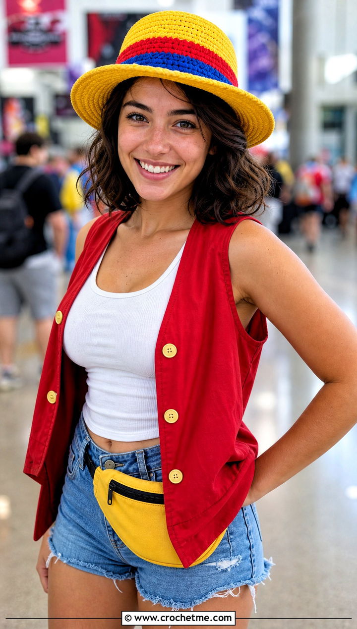 Double Band Luffy Crochet Straw Hat With Red Vest And Denim Shorts - 25 luffy crochet straw hat outfit ideas
