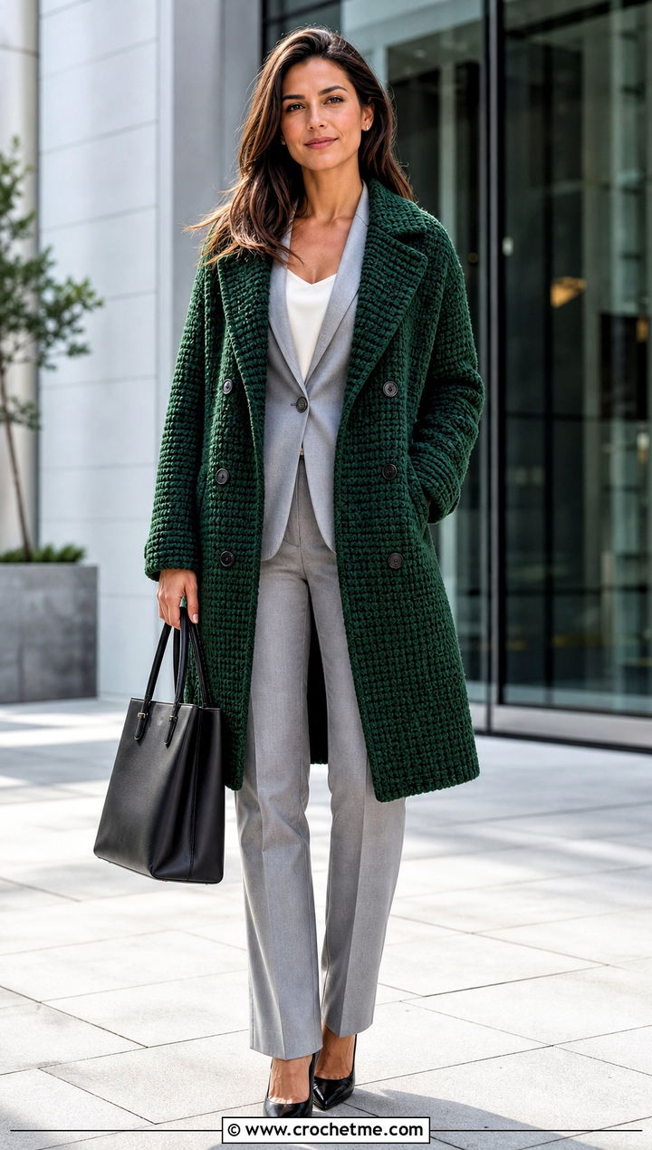 Double Breasted Chunky Crochet Coat With Matching Suit - 25 Chunky Crochet Coat outfit ideas