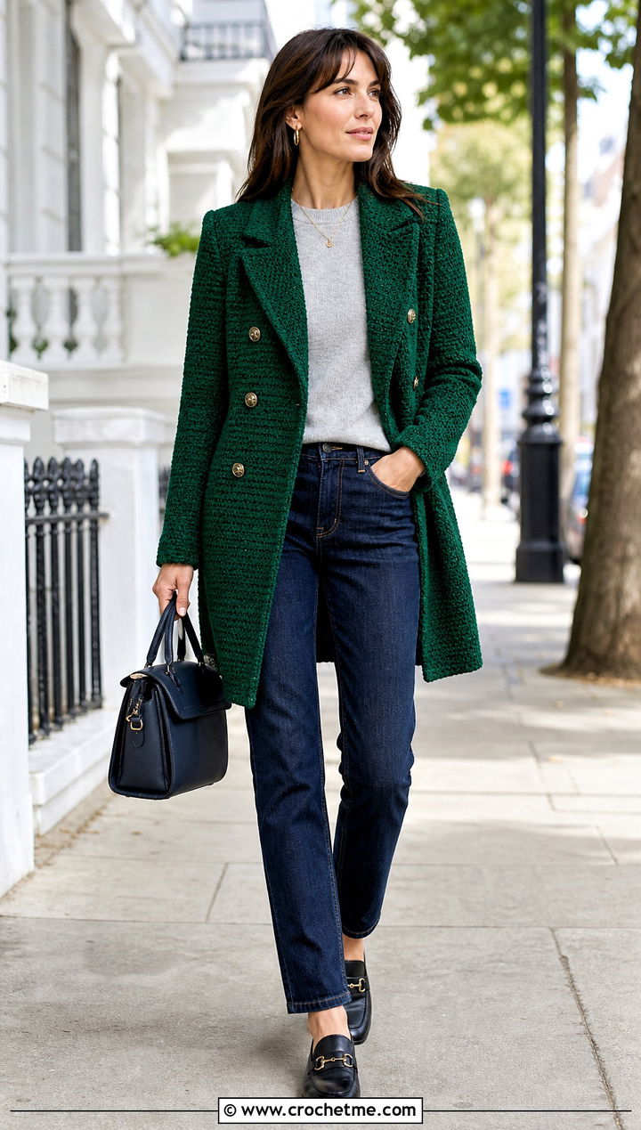 Double Breasted Crochet Coat With Dark Denim - 25 crochet coat ideas