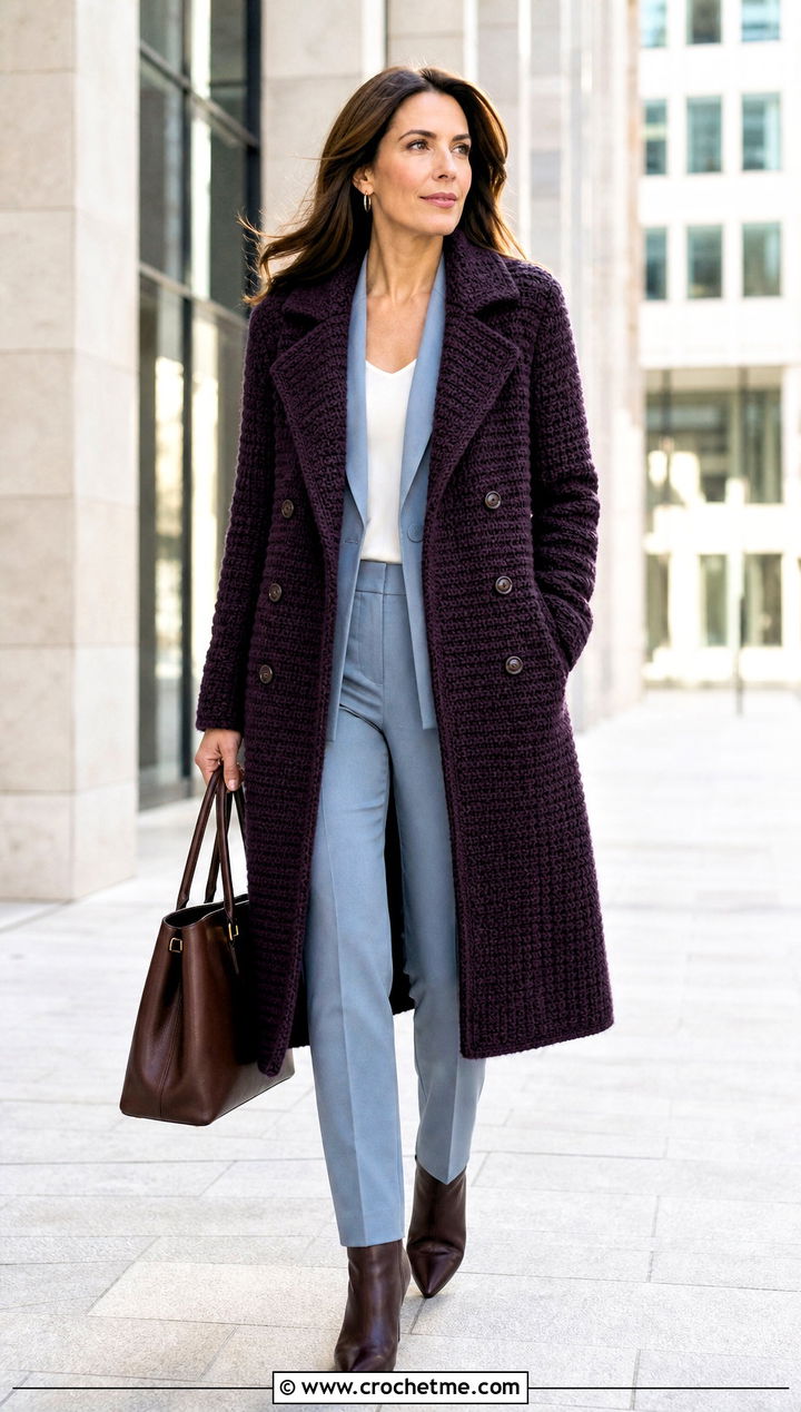 Double Breasted Crochet Winter Coat With Office Suit - 20 Crochet Winter Coat outfit ideas