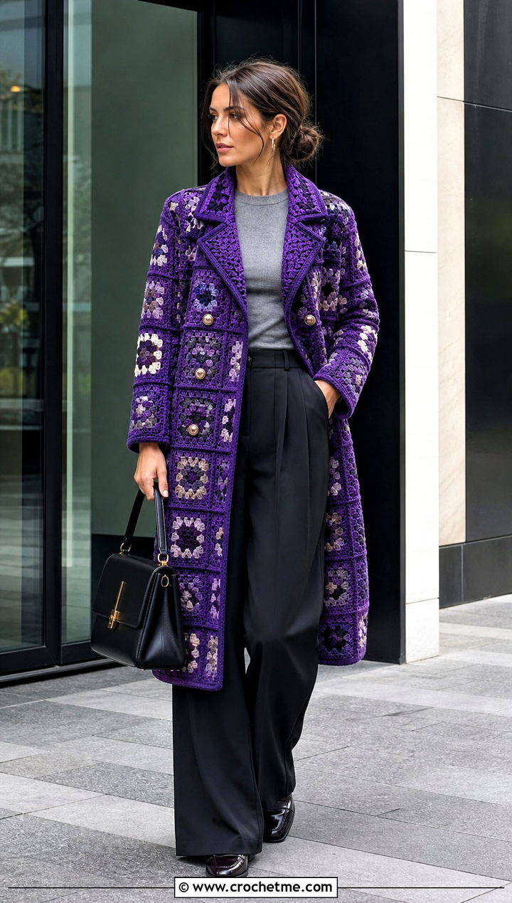 Double Breasted Granny Square Coat With Pleated Trousers - 30 granny square coat outfit ideas