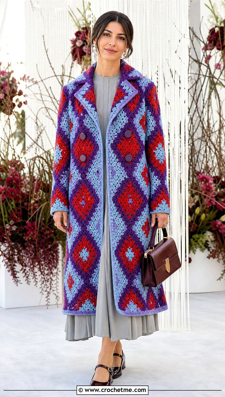 Double Breasted Howl Crochet Coat With Midi Dress - 25 howl crochet coat outfit ideas