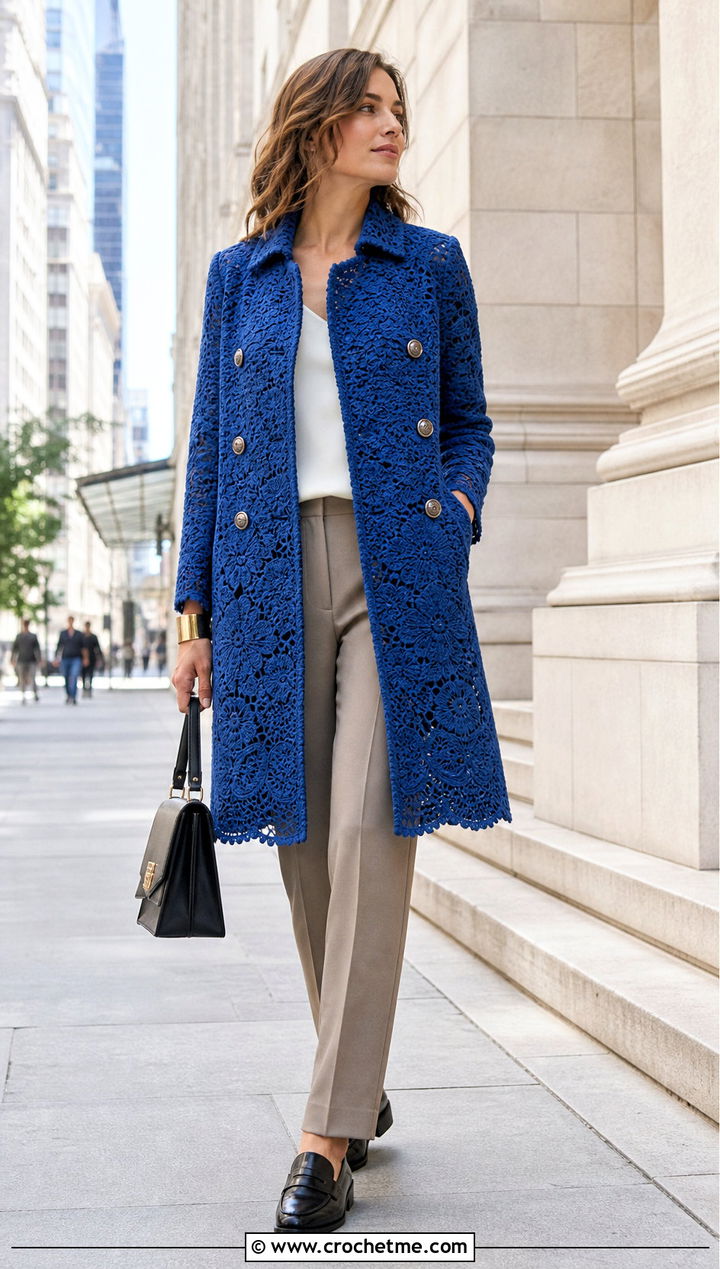 Double Breasted Irish Crochet Coat With Straight Trousers - 25 irish crochet coat outfit ideas