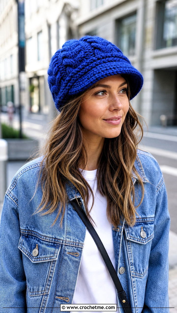 Double Brim Braided Cable Beanie With Denim Jacket - 15 Braided Crochet Beanie outfit ideas