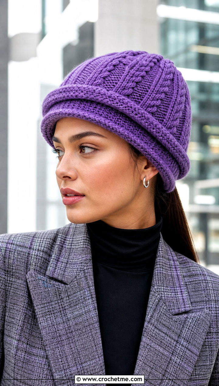 Double Brim Cable Crochet Beanie With Blazer - 15 cabled crochet beanie design outfit ideas