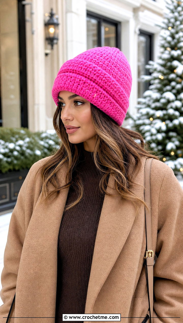 Double Brim Crochet Beanie With Camel Coat And Knit Dress - 25 winter crochet hat for women outfit ideas