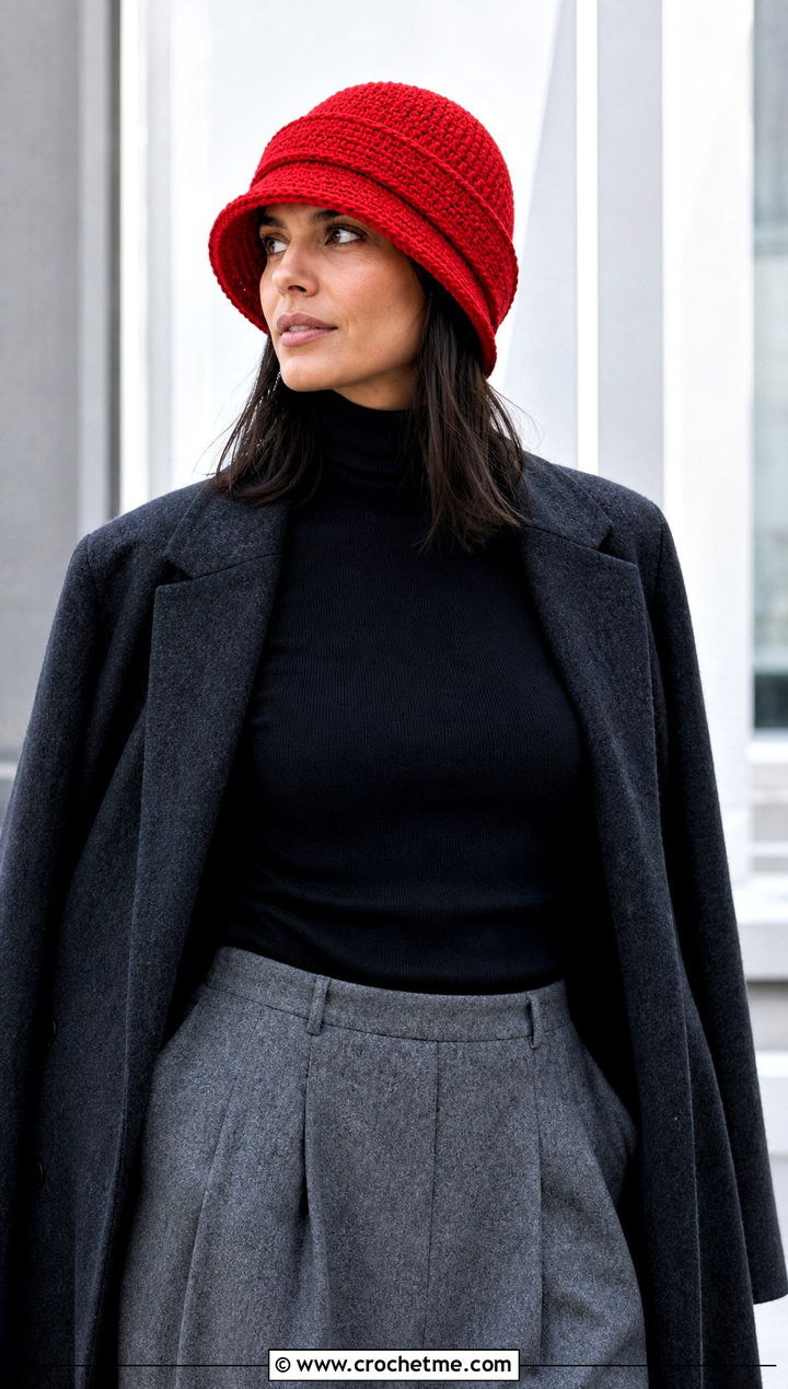 Double Brim Crochet Beanie With Turtleneck And Culottes - 30 crochet fall beanie outfit ideas
