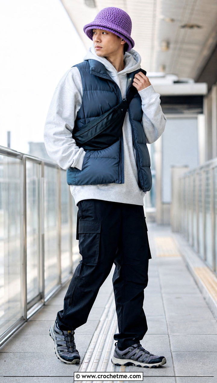 Double Brim Crochet Hat With Puffer Vest - 15 Crochet Mens Hat With Brim outfit ideas
