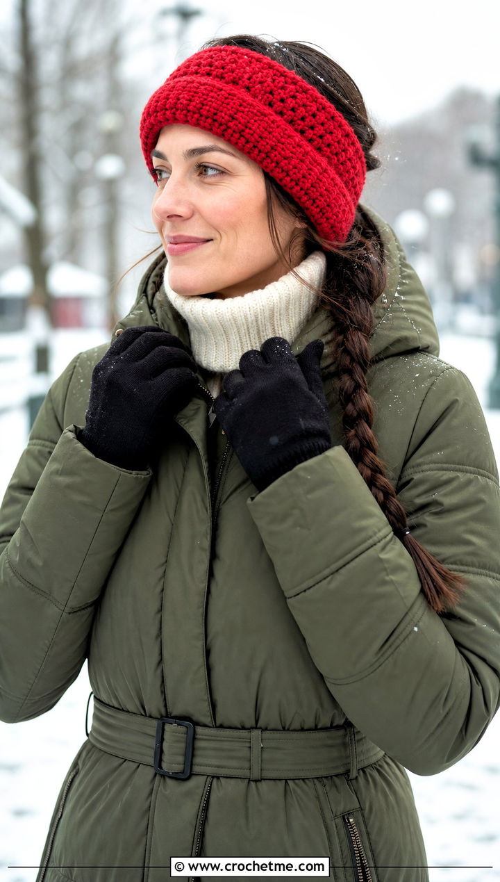 Double Brim Crochet Winter Headband With Parka - 15 crochet winter head band outfit ideas